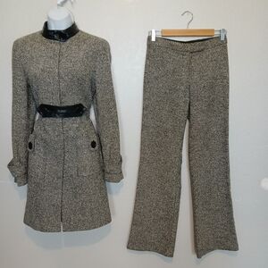 bebe 2 Pc Wool & Silk Blend Tweed Herringbone Trench Coat & Pants Set Pant Suit